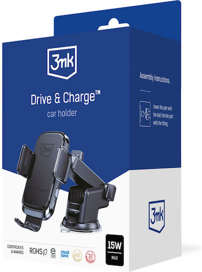 3MK Drive&Charge Car Mobile Mount with Adjustable Hooks and Wireless Charging Black