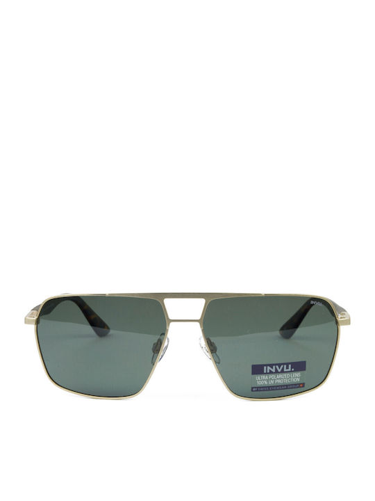 Invu Men's Sunglasses with Gold Metal Frame and Green Lens