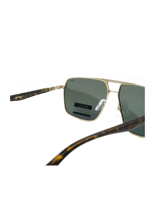 Invu Men's Sunglasses with Gold Metal Frame and Green Lens
