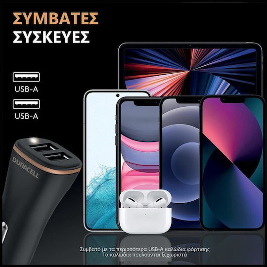Duracell Car Charger 30W 4.8A Fast Charging with Ports 2xUSB Black Color