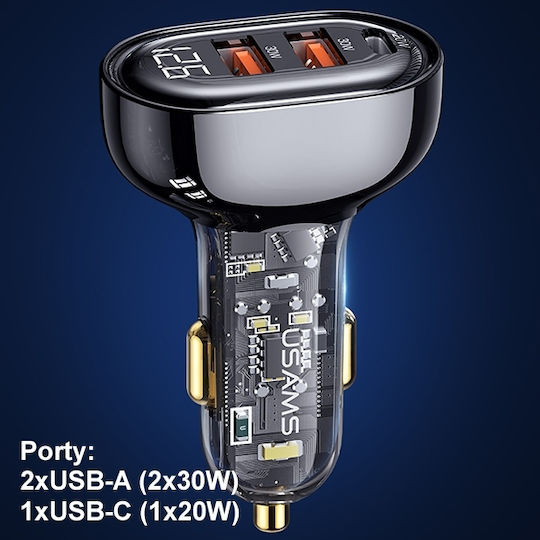 Usams Φορτιστής Αυτοκινήτου US-CC159 80W Γρήγορης Φόρτισης με Θύρες: 2xUSB 1xType-C Μπλε