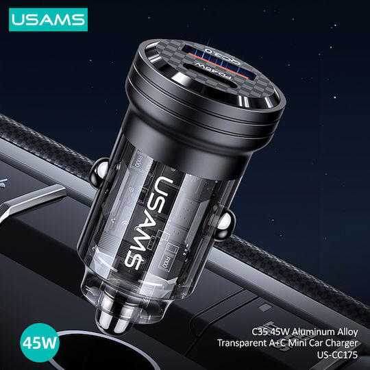 Usams US-CC175 Автомобилен Заряден Устройство 45W Бързо Зареждане с Портове 1xUSB-A 1xUSB-C Лилав Цвят