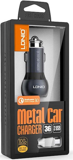 Ldnio Car Charger 36W 3A Fast Charging with Ports: 2xUSB with Cable Micro-USB Gray Color