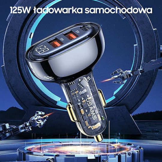 Usams Φορτιστής Αυτοκινήτου 125W Γρήγορης Φόρτισης με Θύρες: 2xUSB 1xType-C Μπλε