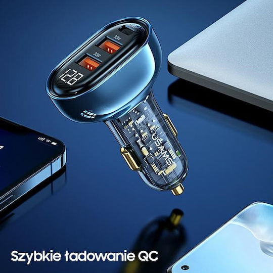 Usams Φορτιστής Αυτοκινήτου 125W Γρήγορης Φόρτισης με Θύρες: 2xUSB 1xType-C Μπλε