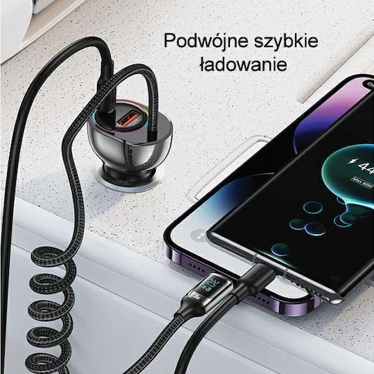 Usams Car Charger 30W Fast Charging with Ports: 1xUSB 1xType-C with Cable Lightning / Embedded Black Color