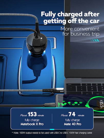 Ldnio C101 Car Charger 100W 3A Fast Charging with Ports: 1xUSB 1xType-C with Cable Type-C Black Color