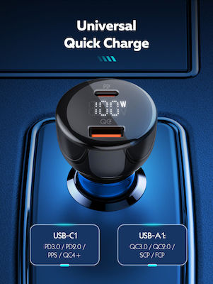 Ldnio Car Charger Black C101 Fast Charging with Ports: 1xUSB 1xType-C with Cable Type-C