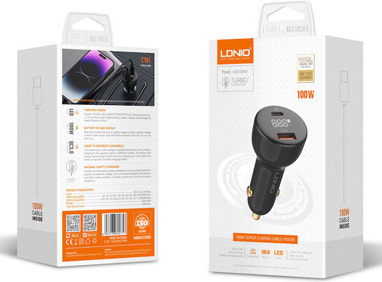 Ldnio C101 Car Charger 100W 3A Fast Charging with Ports: 1xUSB 1xType-C with Cable Type-C Black Color