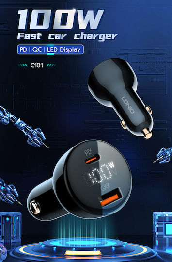 Ldnio C101 Car Charger 100W 3A Fast Charging with Ports: 1xUSB 1xType-C with Cable Type-C Black Color