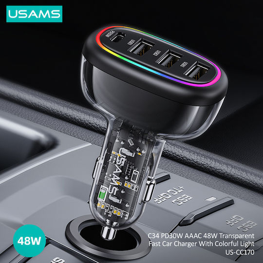 Usams Auto-Ladegerät 48W mit Anschlüssen: 3xUSB 1xType-C Schwarz Farbe