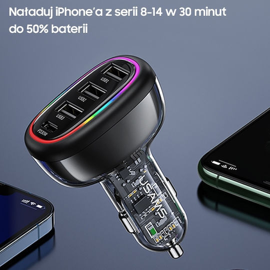 Usams Auto-Ladegerät 48W mit Anschlüssen: 3xUSB 1xType-C Schwarz Farbe