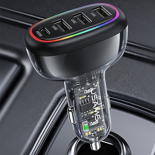 Usams Auto-Ladegerät 48W mit Anschlüssen: 3xUSB 1xType-C Schwarz Farbe