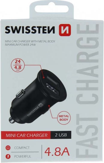 Swissten Încărcător Auto 24W 4.8A cu Porturi: 2xUSB Negru Culoare