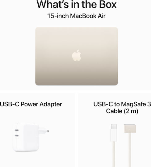 Apple MacBook Air 15" 2024 15.3" IPS Retina Display M3 8-Core 8GB 256GB SSD 10-Core GPU with Charger 35W Dual Port Starlight International English Keyboard