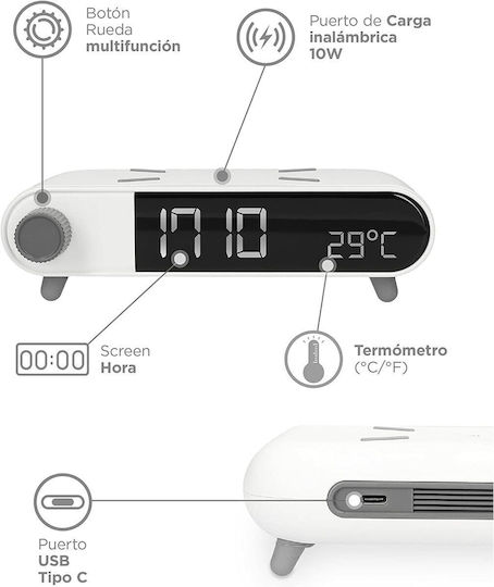 Ksix Retro Tabletop Digital Metal Clock With Alarm Clock & Wireless Charging White BXCQI15B