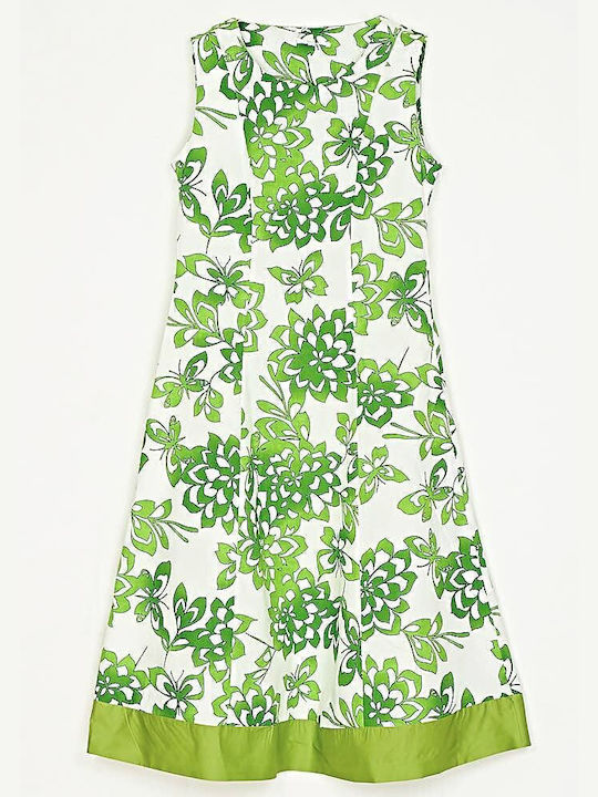 Midi Cotton Dress A-Line White-Green