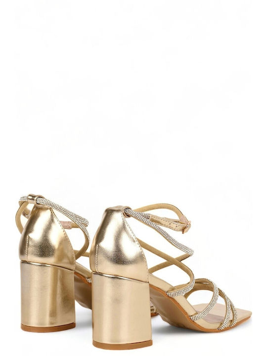 Gold Strappy Sandals with Rhinestones