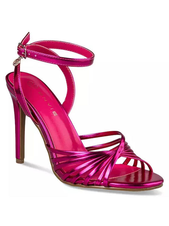 Envie Shoes Leather Women's Sandals Fuchsia with Thin High Heel