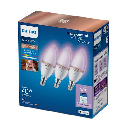 Philips Smart Lampen LED 40W für Fassung E14 und Form C37 RGB 470lm 3Stück