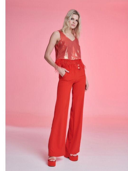 High Waist Pants Rhinestone Buttoned Trousers Color Red