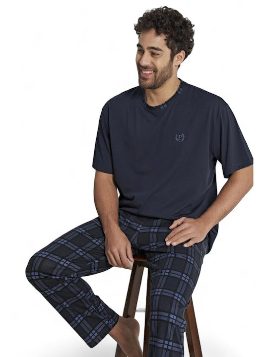 Pijadore Men's Summer Checked Pajamas Set BLUE