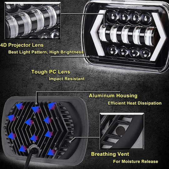 Raistar Rectangle Car Headlight LED 12 / 24V 55W 17.7cm 1 Piece