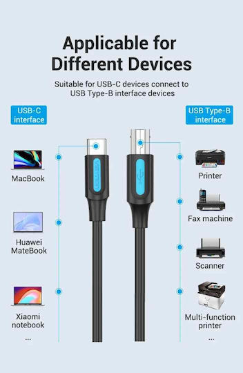 Vention USB 2.0 Cable USB-C male - USB-B PD Μαύρο 1m CQUBF