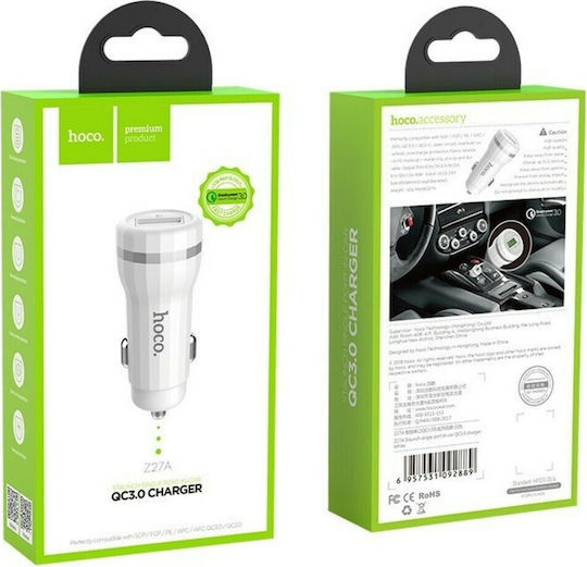 Hoco Z27A Autoladegerät 18W Schnellladen mit einem Anschluss 1xUSB-A Weißes Farbe