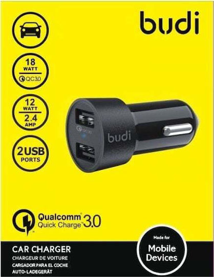 Budi Φορτιστής Αυτοκινήτου 30W 2.4A με Θύρες: 2xUSB Μαύρος