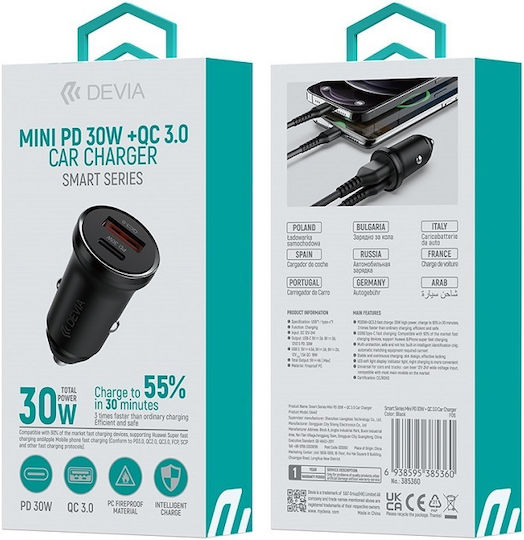 Devia Mini Pd Qc 3.0 Auto-Ladegerät 30W Schnellladung mit Anschlüssen: 1xUSB 1xType-C Schwarz Farbe
