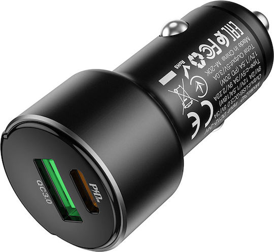 Hoco Auto-Ladegerät 20W 3A Schnellladung mit Anschlüssen: 1xUSB 1xType-C Schwarz Farbe