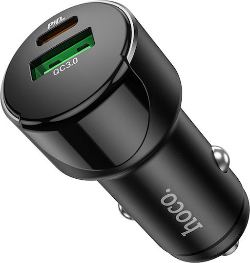 Hoco Auto-Ladegerät 20W 3A Schnellladung mit Anschlüssen: 1xUSB 1xType-C Schwarz Farbe