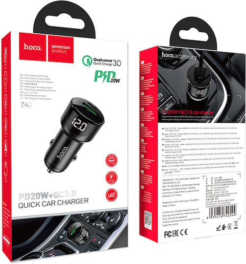 Hoco Auto-Ladegerät 20W 3A Schnellladung mit Anschlüssen: 1xUSB 1xType-C Schwarz Farbe