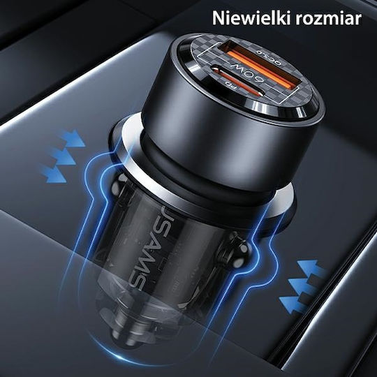 Usams Auto-Ladegerät 60W 2.22A mit Anschlüssen: 1xUSB 1xType-C Schwarz Farbe