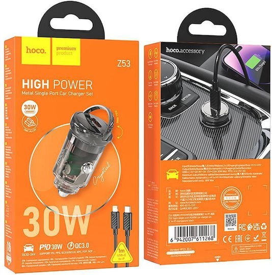 Hoco Z53 Autoladegerät 30W 3A Schnellladen mit einer Buchse 1xType-C zusammen mit Lightning Kabel Schwarz Farbe