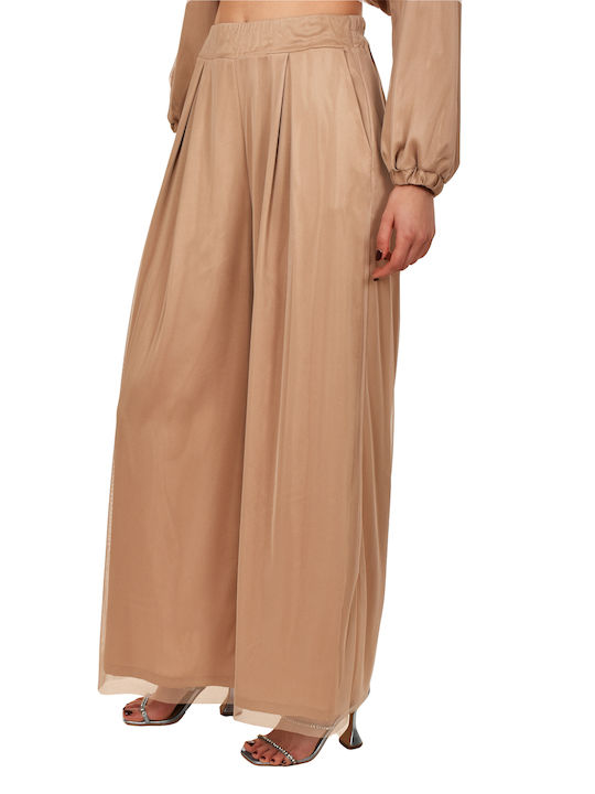 Motel Women's Fabric Trousers in Wide Line Beige