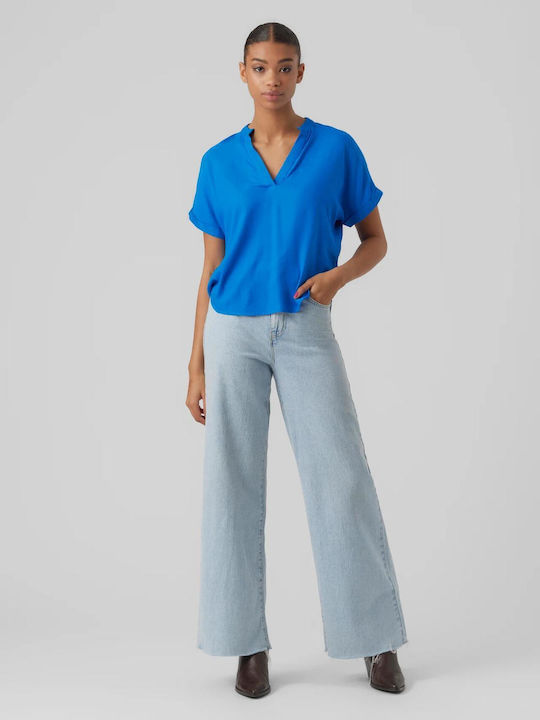 Women's Blouse Short Sleeve with V Neckline Blue
