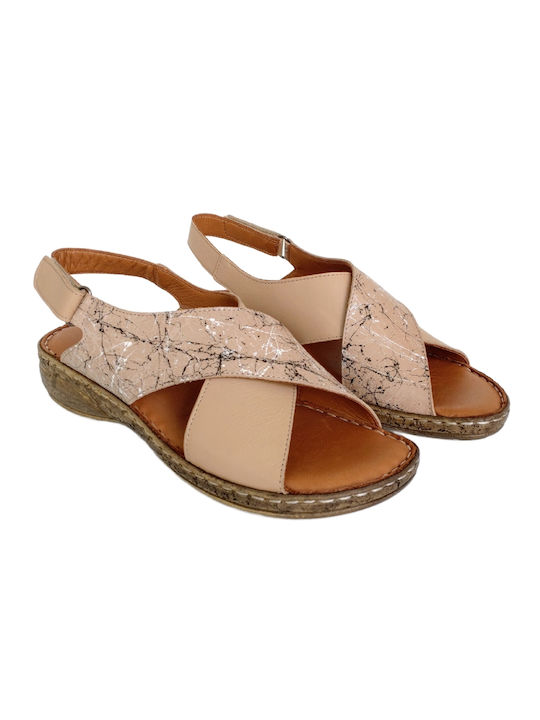 Manlisa Leather Women's Flat Sandals Anatomic in Beige Color