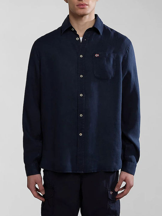 Napapijri Men's Shirt Long Sleeve Linen DarkBlue