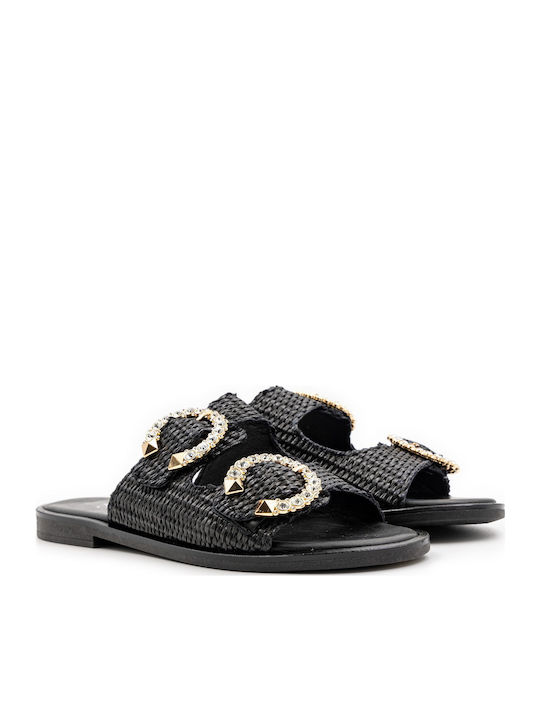 Leather Women's Flat Sandals in Black Color