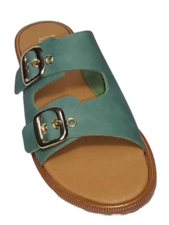 Leather Women's Flat Sandals in Green Color