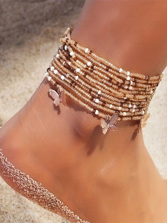 Xx09802 3 Piece Gold Women's Ankle Bracelets Mini Beads & Butterfly