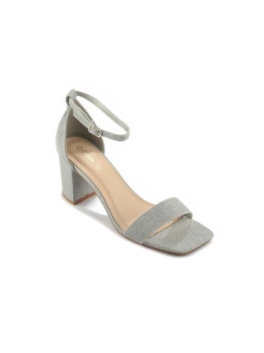 Fshoes Damen Sandalen mit Chunky hohem Absatz in Silber Farbe