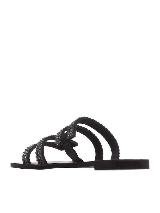 Leather Women's Flat Sandals in Black Color