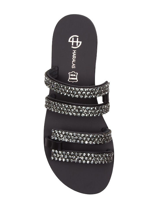 Leather Women's Flat Sandals in Black Color