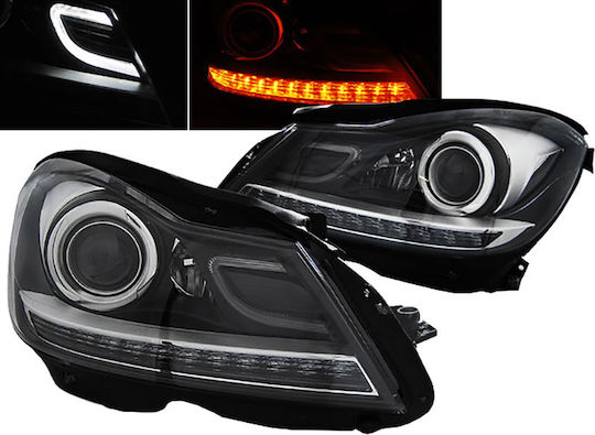 Front Lights Set Mercedes-Benz C-Class W204 11-14 Drl & Led Flasher Black H7 Motor