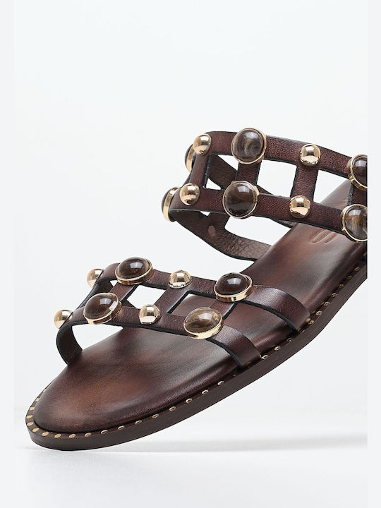 Makis Kotris Leather Women's Flat Sandals in Brown Color