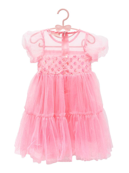 Angelbox Παιδικό Φόρεμα με Παγιέτες Κοντομάνικο Ροζ-κοραλί