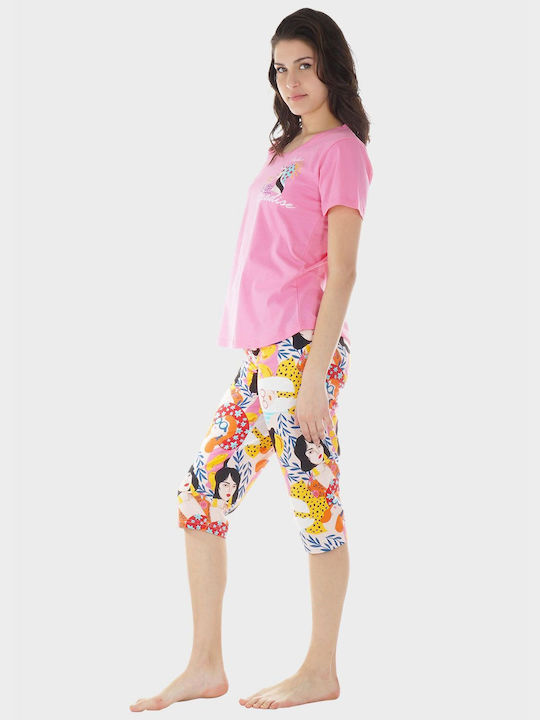 Pijamale pentru femei Set de pijamale Capri Vienetta All Print Pantaloni cu talie Elastic talie roz